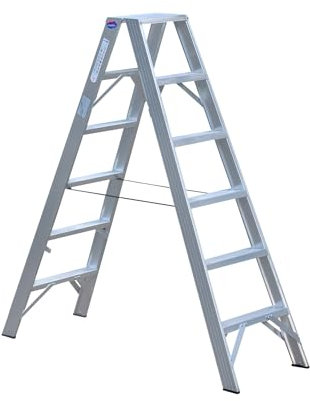 Weise Industrie Stufen-Stehleiter 2,17 m hoch, 2x8 trittsichere geriefte Stufen inkl. Deckstufe, beidseitig begehbare Industrie- & Haushaltsleiter, klappbare Trittleiter mit Gurtbändern, max. 250 kg