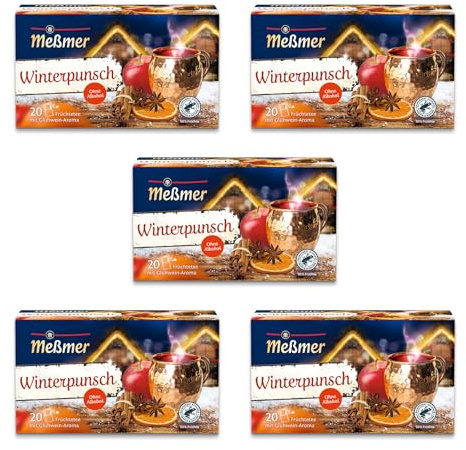 Meßmer Winterpunsch mit Glühwein Aroma | 5x Winterpunsch Vorteilspaket | 100 Teebeutel | Früchtetee mit Glühwein-Aroma | Glutenfrei | Laktosefrei | Vegan