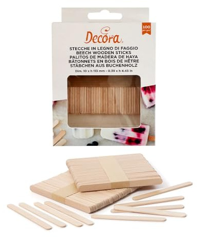 Decora 9280125, 100er-Packung Buchenholzstäbchen für Eis und Kekse am Stiel. Größe: 10 x 113 mm. Stärke: 2 mm. Lebensmittelecht und gefriergeeignet.