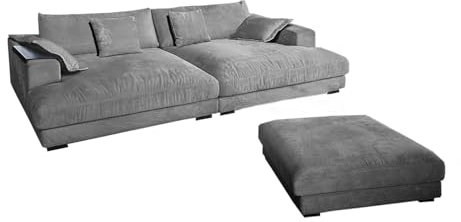 KAWOLA Big Sofa Madeline Cord grau mit Hocker / 4 Zierkissen/Armlehntablett schwarz