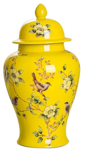 DECORN Pot de Gingembre Chinois avec Couvercle Style Antique - Vase Traditionnel en Porcelaine avec Oiseaux - Pots Couverts en céramique pour la Table décorative à la Maison,Jaune,7.3 Dia x 13.8 H