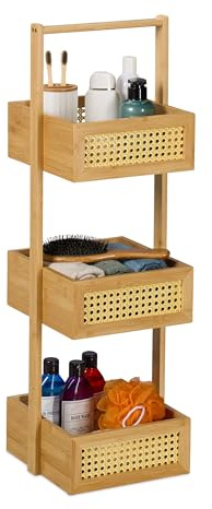Relaxdays Badregal, 3 Ablagen mit Rattan, HxBxT: 83 x 27 x 26 cm, Standregal für Badezimmer & Küche, Bambus, MDF, Natur