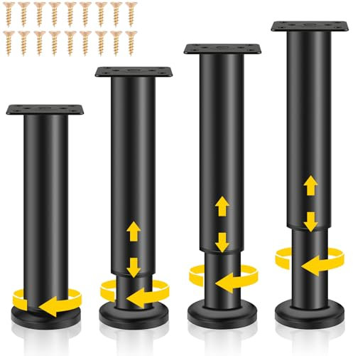 Ouxayapl Pieds de Meubles Réglables, 4 Pieds de Meubles Métal Noir, Pied Meuble, Pieds Universels Ajustables pour Meubles pour Canapé, Lit, Armoire, Table, avec Vis, Hauteur Réglable (18-30 cm)