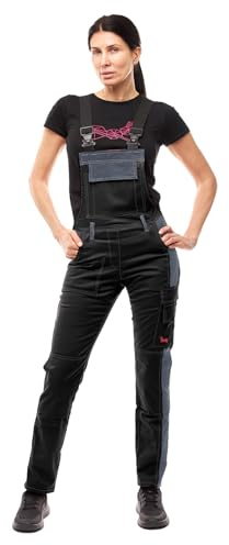 strongAnt Latzhose Damen Strong Cotton Stretch mit Kniepolstertaschen Latzhose für Handwerk und Bau – Schwarz-Grau, Gr. 38