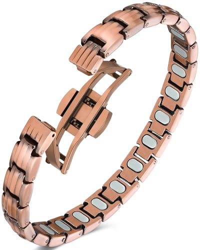 Jeracol Pulsera de cobre 99% para mujer con imanes fuertes de 5000 Gauss, pulsera magnética con cierre de mariposa para mujer para bienestar y estilo, herramienta ajustable y caja de regalo refinada