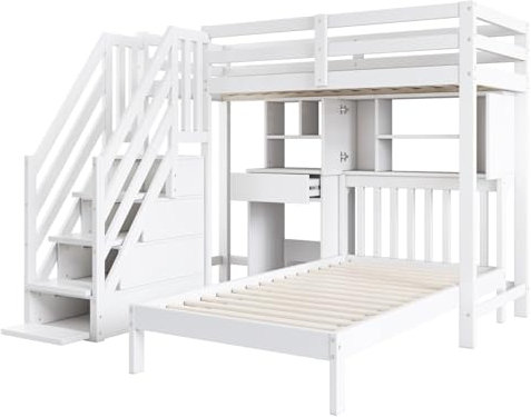 WEALTHOUSE Lit superposé avec bureau, escalier, étagère, tiroirs, lit mezzanine, lit d'escalier, balustrade, espace de rangement, espace de travail, chambre d'adolescent, meuble multifonction, échelle