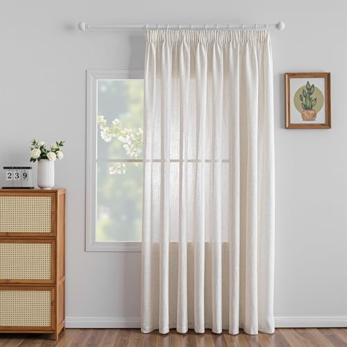 MYSKY HOME Extra Breite Gardinen Leinen Vorhänge mit Kräuselband Raumteiler Vorhang 1er Set Natürlicher Stil Wohnzimmer Gardine Halbtransparent Linen Curtains, H 225 x B 300 cm, Leinenfarbe