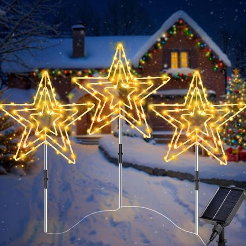 Joycome Solar Christmas Lights Outdoor 3x75 LED Star Christmas Pathway Lights, IP65 Waterproof Xmas Star Stake Light Solar Powered, 8 Modes Stake Light for Path Yard Garden Xmas Decorations