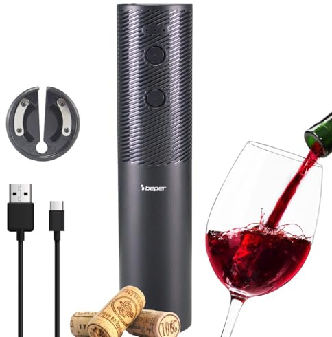 BEPER P102ACP103 Tire-bouchon électrique rechargeable USB, ouvre-bouteille à vin, avec coupe-capsule, pour bouchons en liège et synthétiques