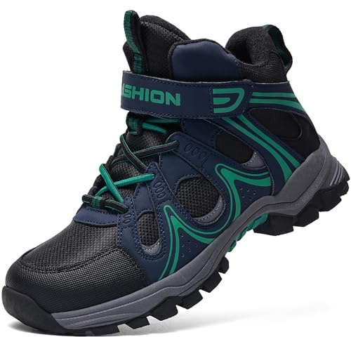 ASHION Kids Winter Snow Boots Boys Girls Warm Hiking Boots Walking Trainers,5 UK,Blue Green