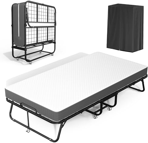 Crownland 75 x 38 Twin Size Folding Bed with 5 Inch Memory Foam Mattress, Portable Metal Rollaway Bed Frame on Locking Casters, Space Saving Guest Sleeper for Home, Office, Small Apartments