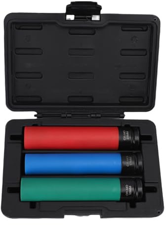 CHEOTIME 3Pcs 1 2in Drive Socket Set, CrMo Steel Nut Socket 17mm 19mm 21mm 6 Point 150mm Long Nut Sockets for Wheel Repair Maintenance Metric Thin Wall Sockets