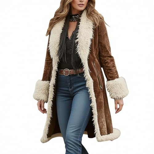 Roobeety Damen Mantel in Wildlederoptik mit Kunstfell - Langer Wintermantel im 70er Jahre Stil | Eleganter Shearling-Mantel für kalte Tage