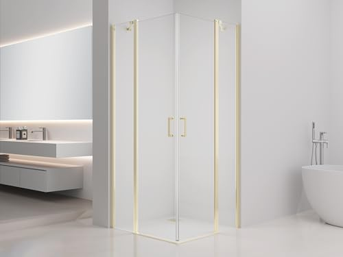 Duschkabin 90 x 90 x 195 cm – guld, svängdörrar på båda sidor, 6 mm härdat säkerhetsglas, lätt att rengöra, lyftsänkningsmekanism, stabiliseringsbygel, justerbar väggprofil, magnetisk stängning