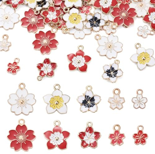 Cheriswelry 60 ciondoli smaltati a forma di fiore di ciliegio, assortiti, in lega smaltata, con fiori di sakura, piatti, per gioielli fai da te e collane
