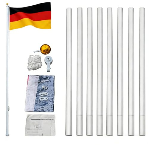 HOBBYZOO Fahnenmast 7,5m stabil, Aluminium Fahnenstange mit DE Flagge, Faltbarer Flaggenmast für Outdoor, inklusive Aufziehsystem und Bodenhülse, Silber