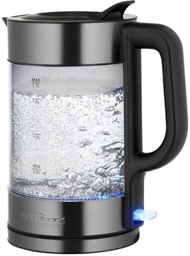 ProfiCook® Wasserkocher Glas | 1,7L | 2200W | beleuchtet | Einhandbedienung | 360° drehbarer Sockel mit Kabelaufwicklung | Kettle | Edelstahl-Gehäuse | PC WKS 1322 dunkler Edelstahl