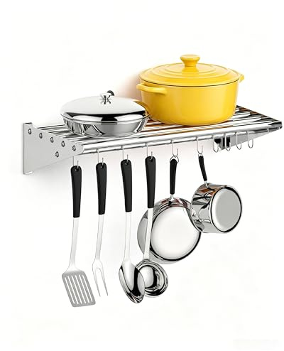 Aptliton Wall Mount Pot Pan Rack, 65.5CM Silver Stainless Steel Kitchen Utensil Hanging Shelf with 10 Hooks, Cookware Organiser Saucepan Rack