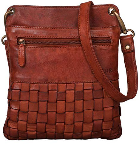 STILORD 'Sophie' Schultertasche Damen klein Leder Handtasche moderne Umhängetasche geflochten Freizeittasche Vintage Abendtasche Ausgehtasche Echtleder, Farbe:cognac - used