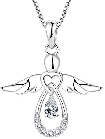 FJ Damen Kette Schutzengel Anhänger Halskette 925 Sterling Silber Engel Kette mit Geburtsstein Zirkonia Schmuck Geschenke für Frauen Mädchen