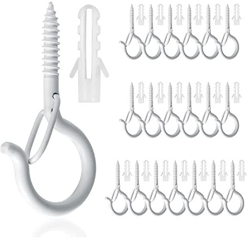 MissFox 20 ganchos roscados, ganchos para tornillos, tornillos de gancho con hebilla de seguridad, ganchos de techo blancos para colgar cestas de plantas, campanillas de viento y cadenas de luces