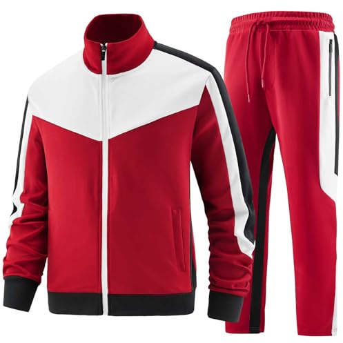 ANOTWENER Conjunto de chándal casual de 2 piezas para hombre, chaqueta de manga larga con cremallera completa y pantalones deportivos para correr, Rojo-249, X-Large