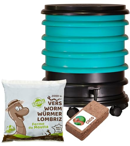 WORMbox | Lombricomposteur 4 Plateaux Turquoise + 1kg de vers de Compost + 1 Bloc Coco | 64 litres | Compostez Vos déchets organiques, Les vers de Terre/lombrics produisent du lombricompost