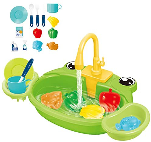 Amagogo Kitchen Sink Toys Electric Dishwasher Playing Toy Kids Role Play Dishwasher Toy Montessori Sensory Toy Sink Dishwashing Set for Kitchen Games Gift for Toddlers Boys Girls, Green, Frog