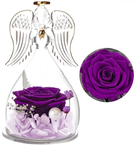 Tianher Rosa eterna, Regali di Rose,Rosa eterna in Cupola di Vetro Angelo,Angelo Rosa Eterna Regalo,Regalo di Compleanno,Regali di Natale,Regali per la Festa della Mamma per Donne Mamma Nonna (Viola)