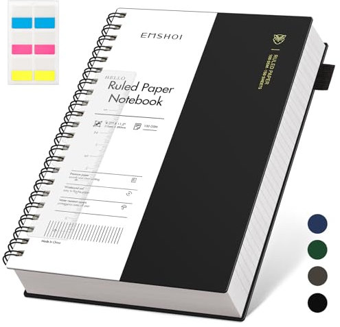EMSHOI A4 College Ruled Spiral Notebook, Large 8.27x11.2, Thick 300 Pages/150 Sheets, 100GSM Ink-Proof Waterproof PVC Cover Lay-Flat Lined Journal for Work Office School Writing, Black