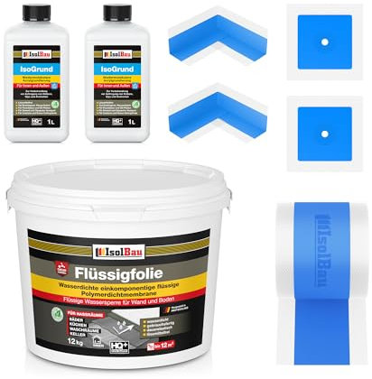 Isolbau Dicht-Set - Inkl. 1x Flüssigfolie (12 kg), 2x Isogrund (je 1 L), 1x Dichtband (10 m), 2x Innenecken & 2x Manschetten