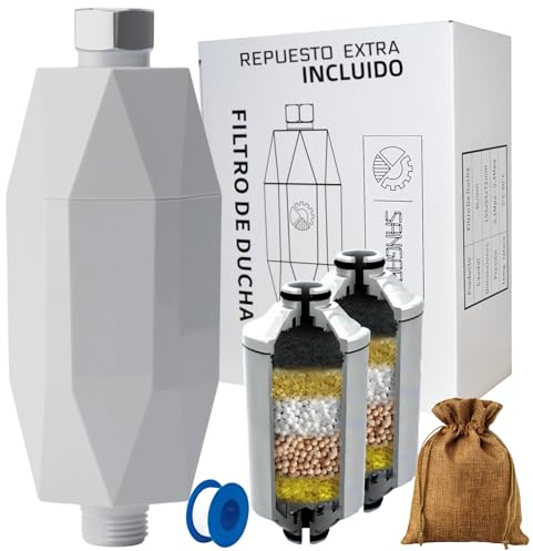 SANGARD - Filtro de Ducha - Descalcificador Ducha - Filtro Antical - 2 Repuestos Incluidos - 22.500 Litros - Filtro de Ducha para el Pelo - Filtro KDF Ducha - Ablandador Agua