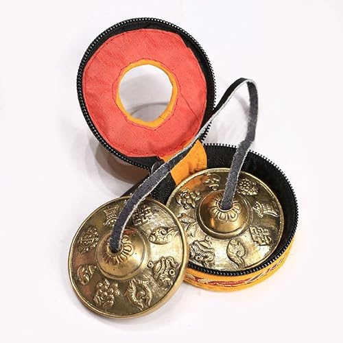 Vokowin tibetansk tingsha-klocka med väska 2,6 tum/6,5 cm handgjord yoga klocka meditationsklockor åtta gynnsamma symboler för yogarörelse (K359-1)