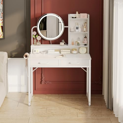 ODK Dressing Table with height-adjustable Mirror for 120-180 cm, LED Lights with Adjustable Brightness, Vanity Table with 2 fabric Drawers and 4 Open Compartments, 80×40×136cm, White