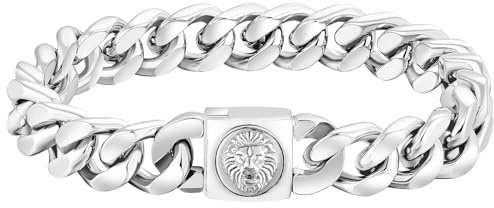 KRKC&CO 12mm Herren Armband mit Löwe Kopf Verschluss, Panzerarmband mit Beschichtung, breite dicke Edelstahl Cuban Armband, Hip Hop Wikinger Biker Schmuck Geschenk für Männer Jungs [Länge 22,9cm]