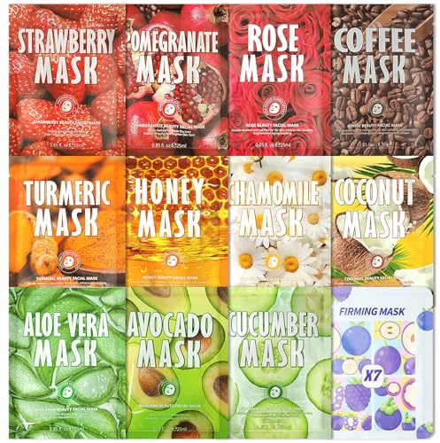 12 Pcs Face Masks,Face Masks Skincare,Moisturize,Soothe Sheet Mask,Face Masks Beauty,Sheet Face Mask for Moisturizing Repairing,Hydrating Face Mask for most Skin Type,Face Mask Set for Women,Girls