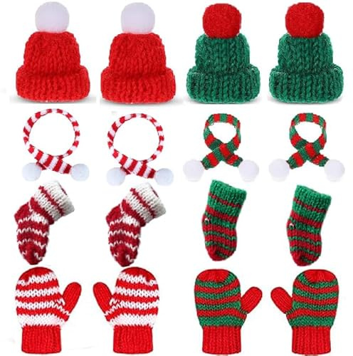 MAIDETONG Mini Weihnachtsmütze，16 Stück Mini Weihnachtsmütze und Schal Handschuhe Socken Deko Weihnachten, Weihnachtsgeschenke,Tischdeko Weihnachten，Weihnachtsschal Set Weinflaschen Dekorieren