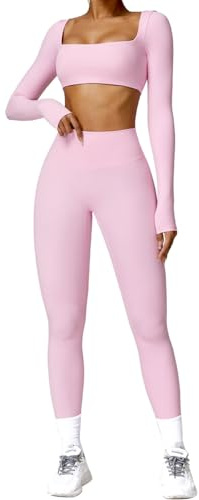 OBEEII Damen Traingsanzug Sport Sets Sportanzüge Jogginganzug Langarm Sport Top und Hohe Taille Leggings 2 Stücke Yoga Bekleidungssets Laufen Gym Workout Sportswear Rosa 02 S