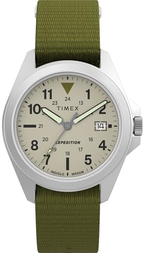 Timex Montre Unisexe Expedition Field 36 mm - Cadran Vert - Boîtier argenté, Vert/argenté/Naturel, Champ