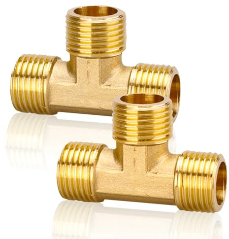 2 Stück T-Stück Messing 1/2 Zoll AG, 90° T-Stück, G1/2 Zoll (Ø20,3mm) | Abzweig Verteilerstück Außengewinde, DN15 Gewindefitting, 3 Wege T-verbindungsstück Für Trinkwasser Geeignet