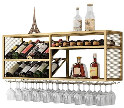Wandmontiertes Weinregal, Weinregal, Barregale, Wandmontiertes Regal Für Likörflaschen, Barschrank Mit Hängendem Weinglasregal, Minibar, Whiskey-Regal, Bar-Glas-Aufbewahrun,Gold-150*30*45cm