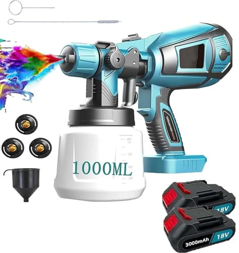Akku Farbsprühsystem,kompatibel mit Makita 18V Akkus, Aktualisiert Sprühpistole Akku，mit 3 Düsen, 3 Spritzmuster,1000ml Farbsprühgerät,zum Streichen von Wänden Gartenzaun Sprühgerät (2x3000mAh Akku)