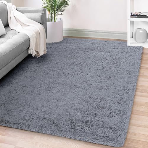 FVVRAX Flauschiger Hochflor Teppich 90x150 cm Grau | Extra weicher Shaggy Teppich rutschfest für Wohnzimmer Schlafzimmer | Kuscheliger Bodenteppich für Kinder Haustiere