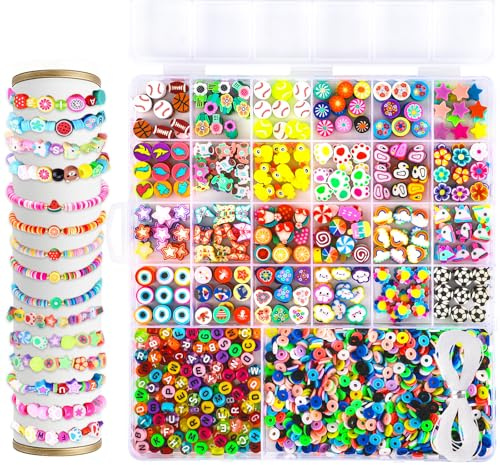 2460 pcs Perlen zum Auffädeln 26 Stile Perlen für Armbänder | Enthalten Bunt Buchstabenperlen Polymerton-Blätter in Blaugrüntönen für DIY Armbänder Halsketten Handwerk Mädchen Kinder