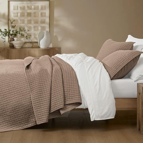 Wonderful 100% Cotton Jersey Knit Quilt Set - Breathable & Hypoallergenic Lightweight Mocha Brown Quilt Queen, 3 Piece Rice Stitched All-Season Use Blanket Bedspread & Coverlet Bedding Set, 94x94