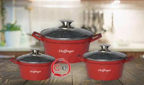 CasseseShop Tris casseruole diamantate in pietra lavica con coperchio in vetro Cheffinger (Rosso)
