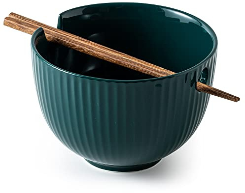 KAMAIDI Ceramic Ramen Noodle Bowl with Matching Chopsticks, Soup Bowls for Udon Soba Pho Asian Noodles, Dishwasher and Microwave Safe, 28 oz (1-Bowl-Green)
