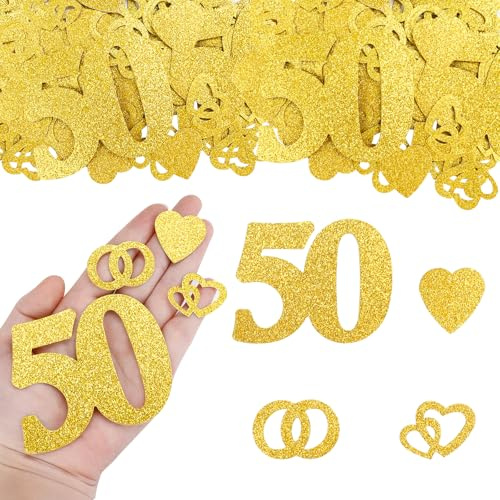 GoldRock Groß Konfetti Goldene Hochzeit Deko 2,6-7,5cm,100 Stück Glitzer Ringe Herzen Deko Goldene Hochzeit 50 Jahre,Tischdeko Goldenen Hochzeite Streudeko,Hochzeitsdeko Tisch,Herz Hochzeitsdekoration