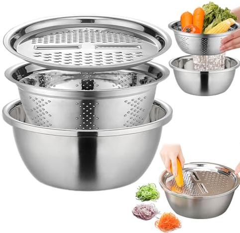 MLqkpwy Juego de cuencos coladores para mezclar, 26/28 cm, multifuncional de acero inoxidable, rallador cortador de frutas y verduras, con cesta de drenaje, para cocina, frutas y verduras