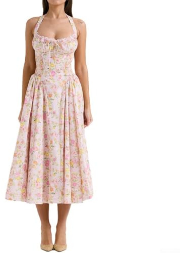 Elegante abito da donna con gonna lunga con bretelle sottili e scollo all'americana in pizzo per eventi estivi (stampa XL rosa)